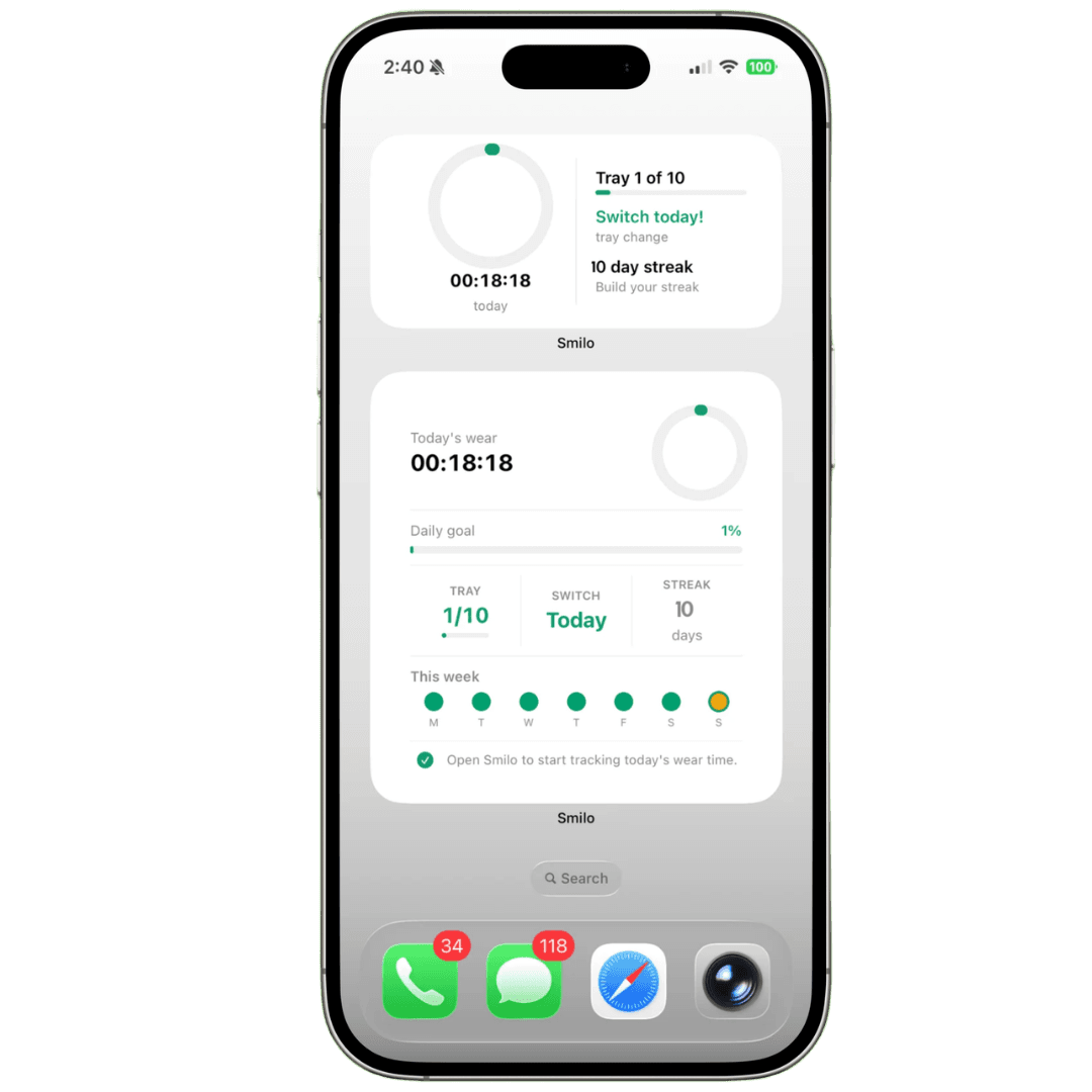 Smilo home screen widgets showing wear time and tray status